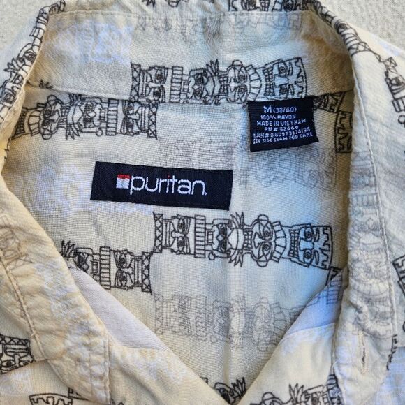 Puritan Beige White and Black Tiki Men's Short Sleeve Button Up Shirt - Picture 5 of 6